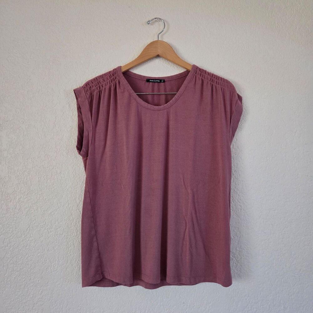 Pink Clover Women's Mauve V-Neck Gathered Shoulder T-Shirt Size Medium